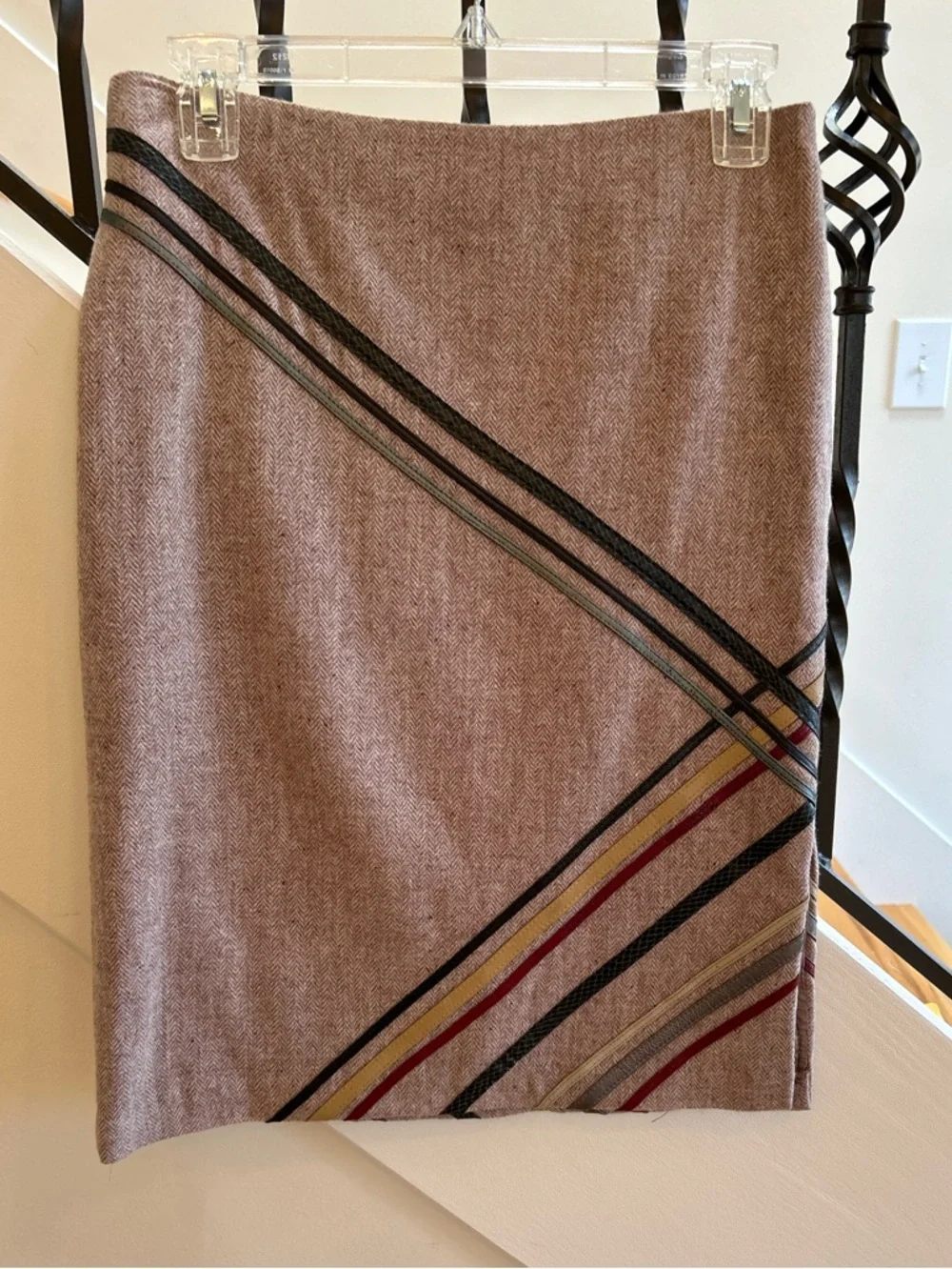 Express Brown Pencil Skirt with Diagonal Stripe Accents & Brown Buttons Down Top - Picture 3 of 12